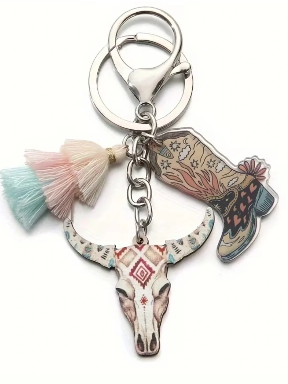 Western Boho Pastel Tassel Cow Skull & Cowboy Boot Keychain or Bag Charm